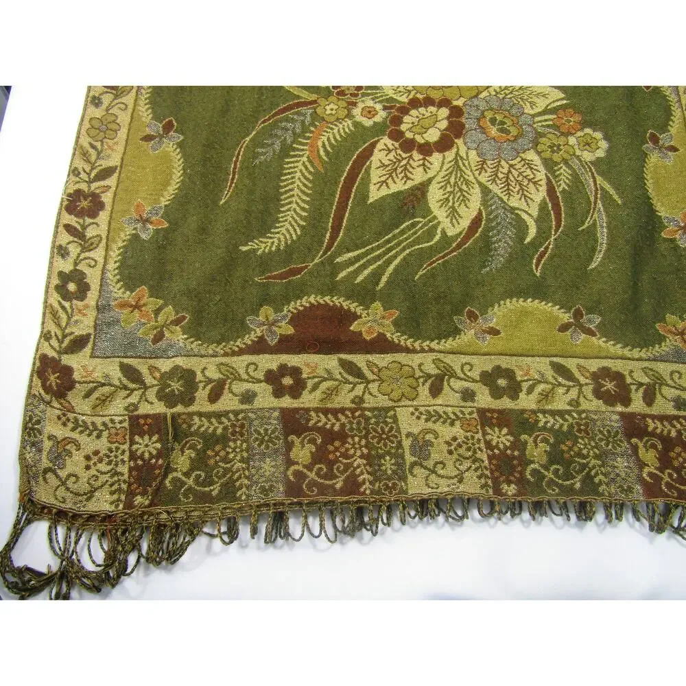 Olive Green Floral Knit Tassel Scarf‎ Wrap Cover Accessories Leaf Elegant Boho